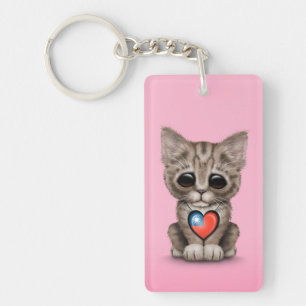 Cute Kitten Cat with Taiwanese Flag Heart, pink Key Ring