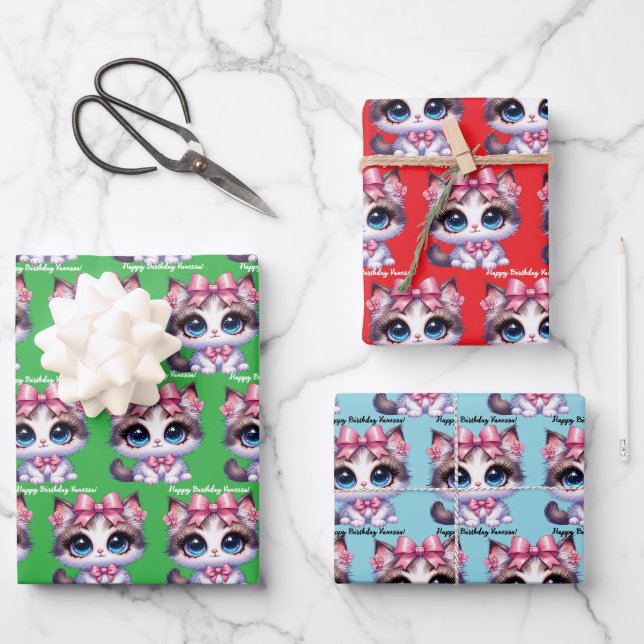 cute kitten cat Wrapping Paper Flat Sheet Set of 3 (Front)