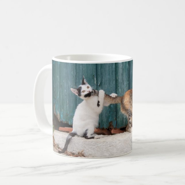 Cute Kitten Chasing Mum's Tail Funny Cat Photo - Coffee Mug (Front Left)