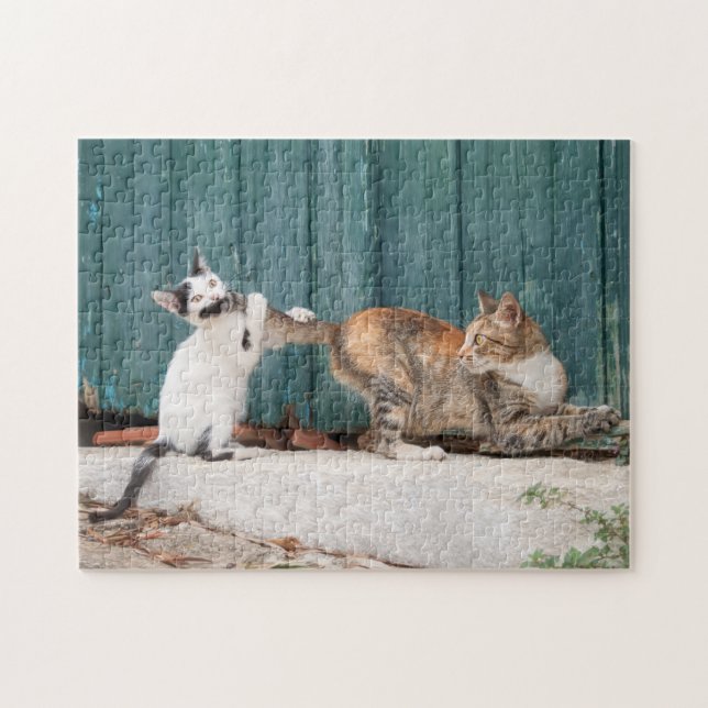 Cute Kitten Chasing Mum's Tail Funny Cat Photo - Jigsaw Puzzle (Horizontal)