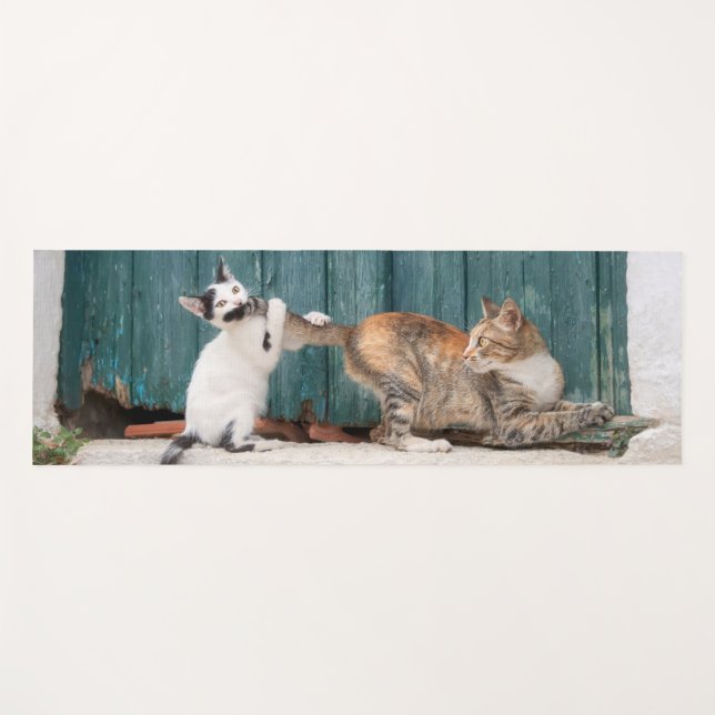 Cute Kitten Chasing Mum's Tail Funny Cat Photo - Yoga Mat (Front (Horizontal))