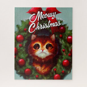 Cute Kitten Christmas Wreath Holiday Hand In There Jigsaw Puzzle