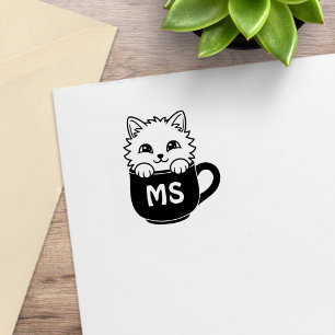 Cute Kitten Coffee Mug Initials 1x1 Rubber Stamp