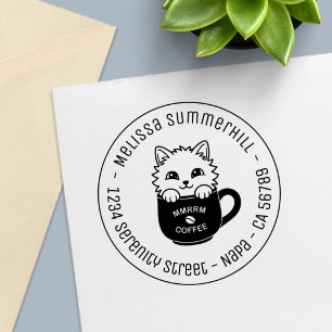 Cute Kitten Coffee Mug Round Address Self-inking Stamp