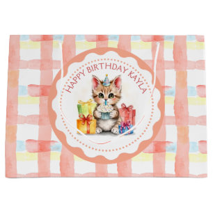 Cute Kitten Coral Plaid Personalised Birthday Large Gift Bag