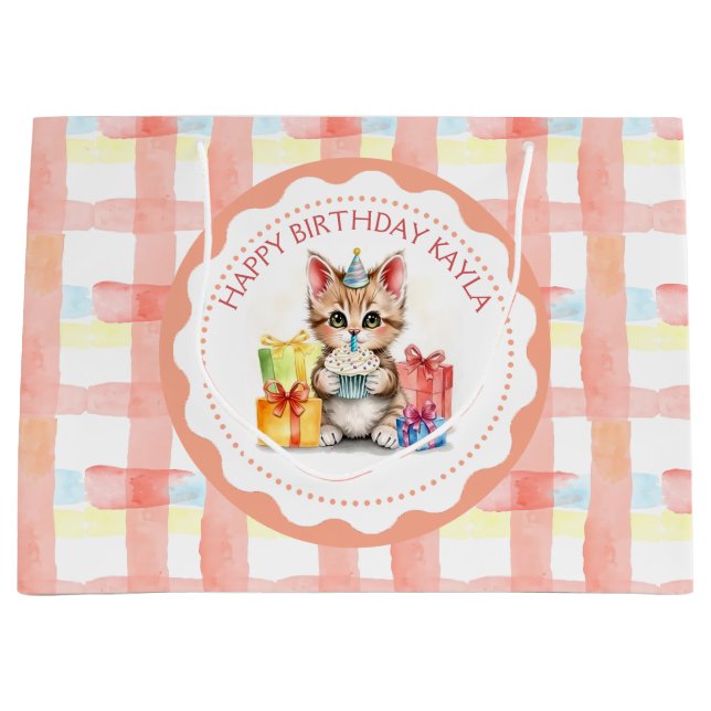 Cute Kitten Coral Plaid Personalised Birthday  Large Gift Bag (Front)