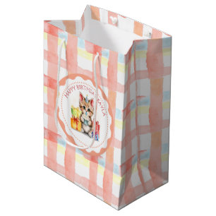 Cute Kitten Coral Plaid Personalised Birthday Medium Gift Bag
