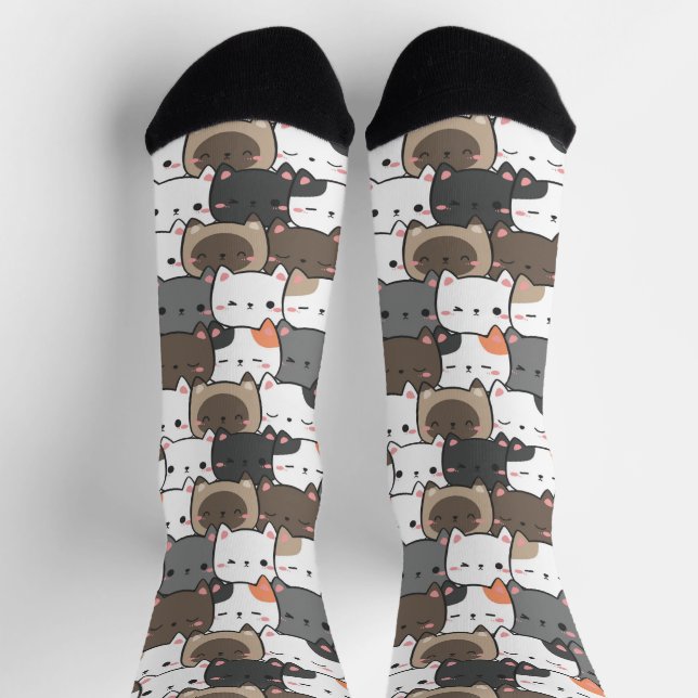 Cute Kitten Faces Colourful Illustration Pattern Socks (Top)