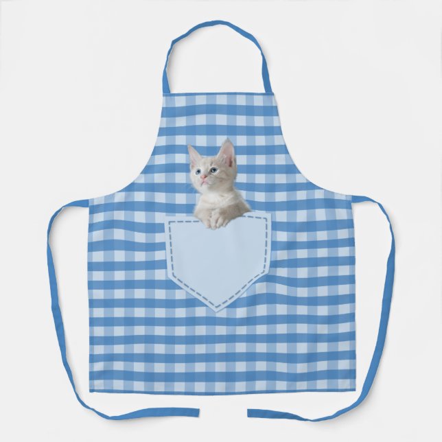 Cute kitten false pocket  illusion 3D blue check  Apron (Front)