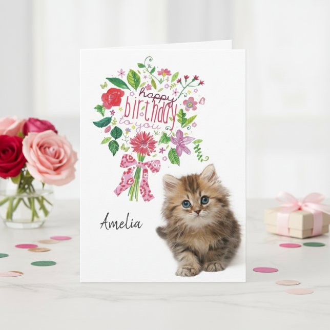 Cute Kitten Floral Bouquet Birthday Card (Cute Kitten Floral Bouquet Birthday Card)
