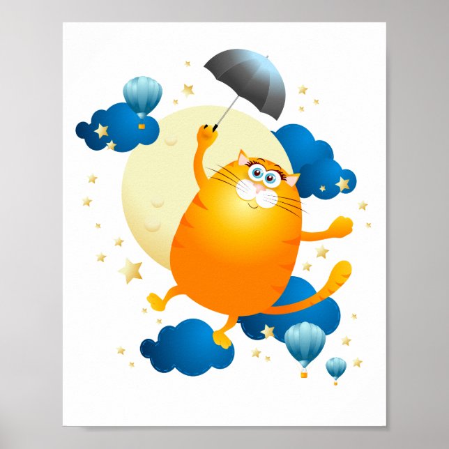 Cute Kitten Flying with Umbrella Poster (Front)