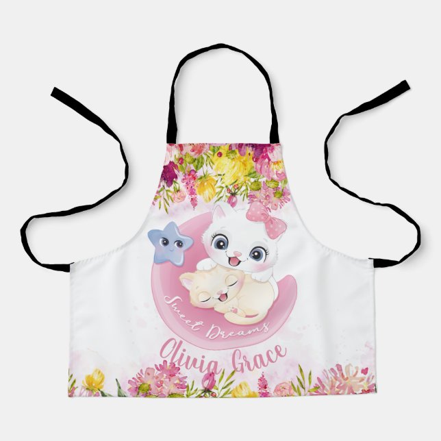 Cute Kitten Friends Blush Pink Flowers Custom Apron (Front)
