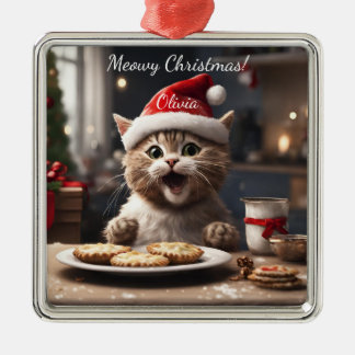 Cute Kitten Funny Santa Cat Christmas  Metal Tree Decoration