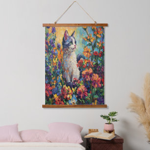 Cute Kitten Garden Tapestry – Floral and Butterfly