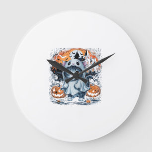 Cute Kitten Ghost Party Pumpkin Cute Halloween Cat Large Clock