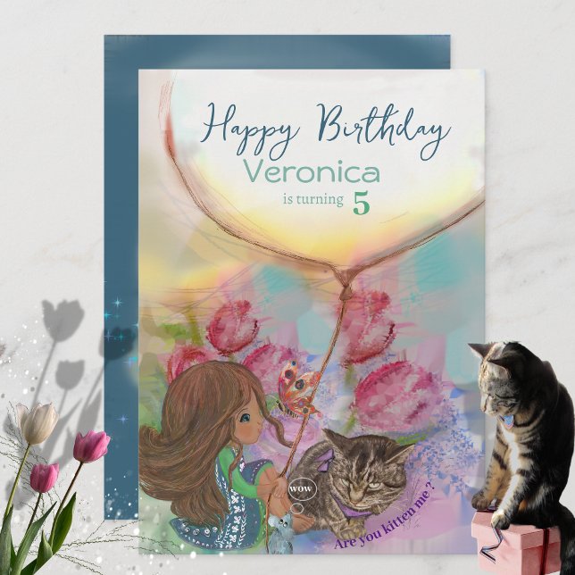 Cute Kitten Girl tulips Birthday Card (Cute Kitten Girl tulips Birthday Card)