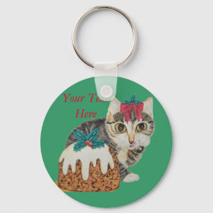 cute kitten grey cat eating pudding for christmas key ring