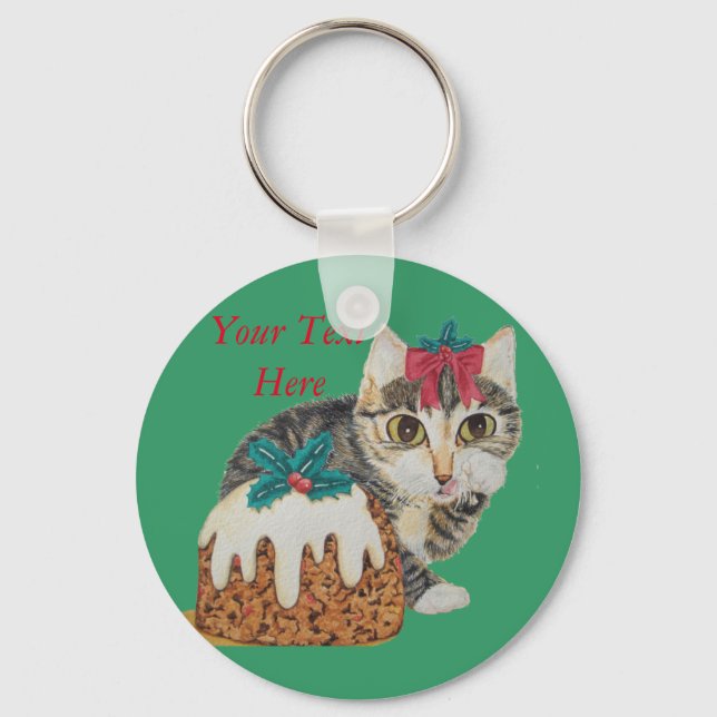 cute kitten grey cat eating pudding for christmas key ring (Front)