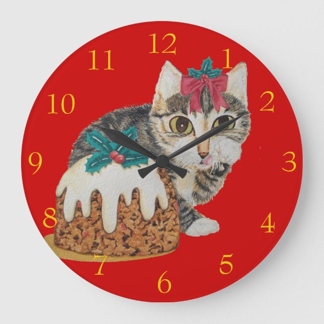 cute kitten grey tabby cat licking paws christmas large clock (Front)