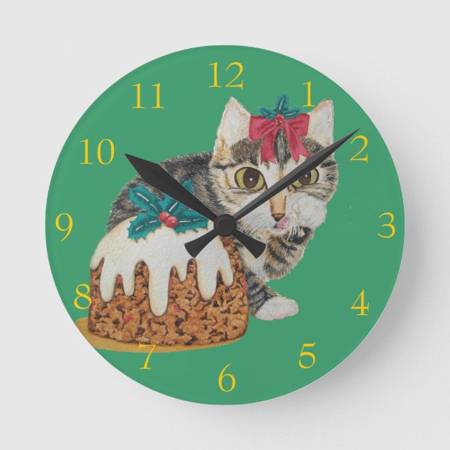 cute kitten grey tabby cat licking paws christmas round clock (Front)