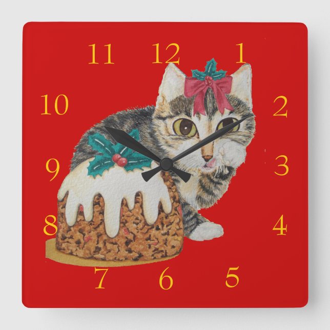cute kitten grey tabby cat licking paws christmas square wall clock (Front)