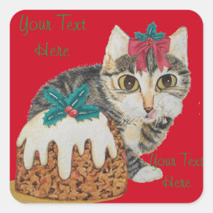 cute kitten grey tabby cat with red bow christmas square sticker