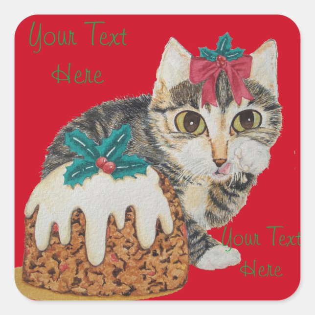 cute kitten grey tabby cat with red bow christmas square sticker (Front)