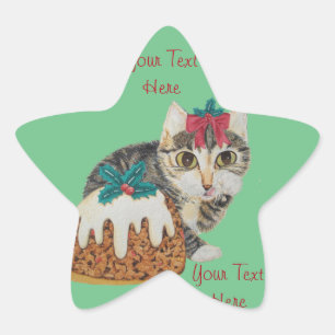 cute kitten grey tabby cat with red bow christmas star sticker