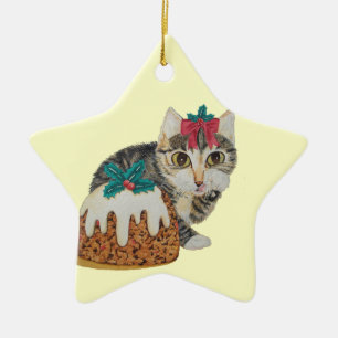 cute kitten grey tabby licking paw christmas ceramic tree decoration