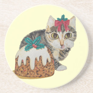 cute kitten grey tabby licking paw christmas coaster