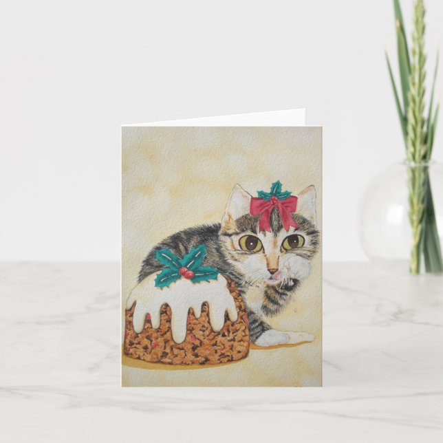 cute kitten grey tabby licking paw christmas holiday card (Front)