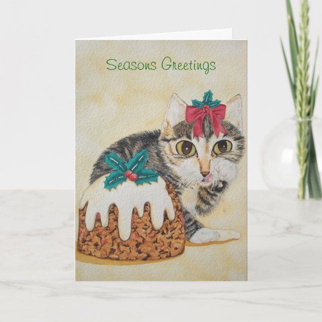 cute kitten grey tabby licking paw christmas holiday card (Front)