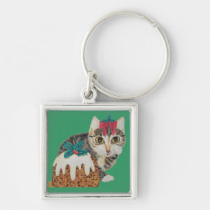 cute kitten grey tabby licking paw christmas key ring