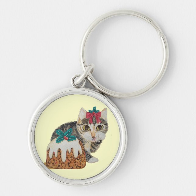 cute kitten grey tabby licking paw christmas key ring (Front)