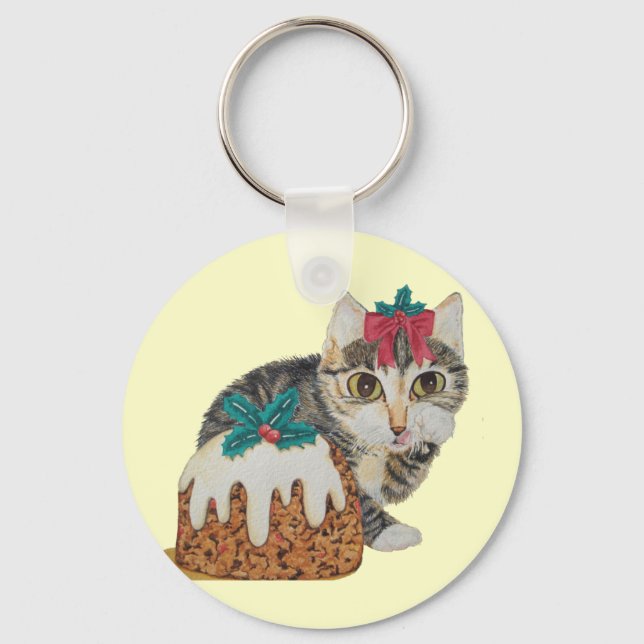 cute kitten grey tabby licking paw christmas key ring (Front)