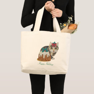 cute kitten grey tabby licking paw christmas large tote bag