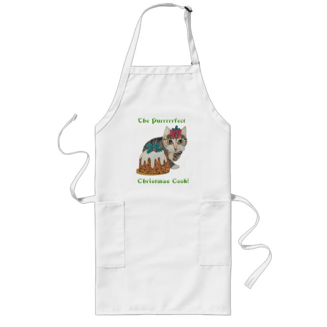 cute kitten grey tabby licking paw christmas long apron (Front)