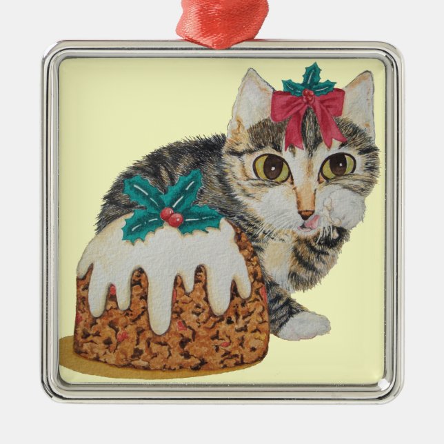 cute kitten grey tabby licking paw christmas metal tree decoration (Front)