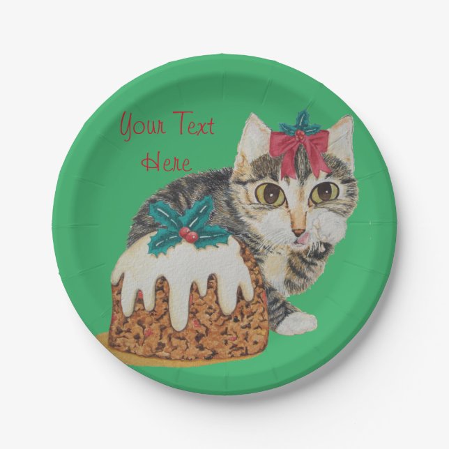 cute kitten grey tabby licking paw christmas paper plate (Front)