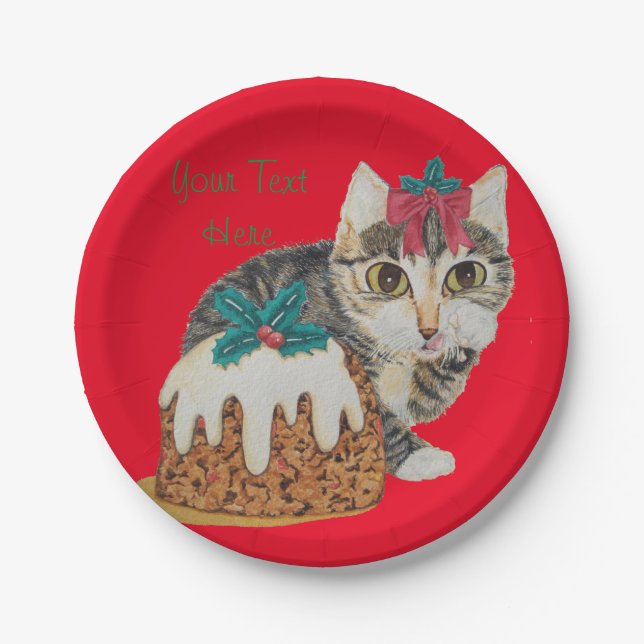 cute kitten grey tabby licking paw christmas paper plate (Front)