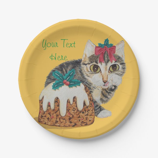 cute kitten grey tabby licking paw christmas paper plate (Front)
