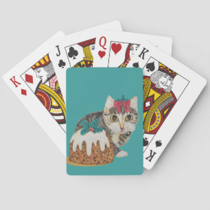 cute kitten grey tabby licking paw christmas playing cards
