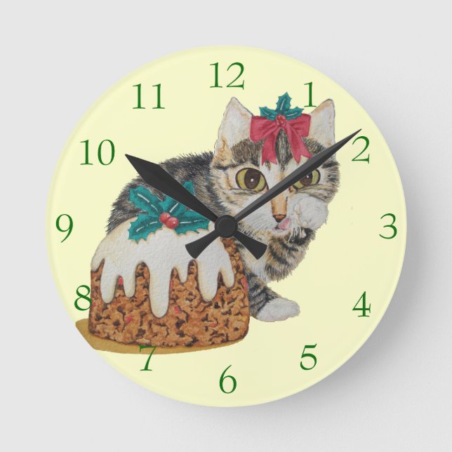cute kitten grey tabby licking paw christmas round clock (Front)