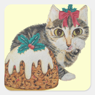 cute kitten grey tabby licking paw christmas square sticker