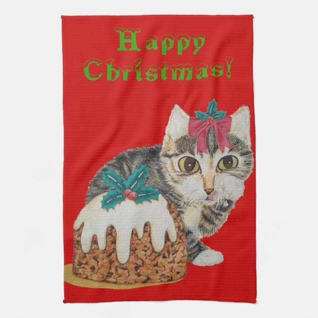 cute kitten grey tabby licking paw christmas tea towel (Vertical)