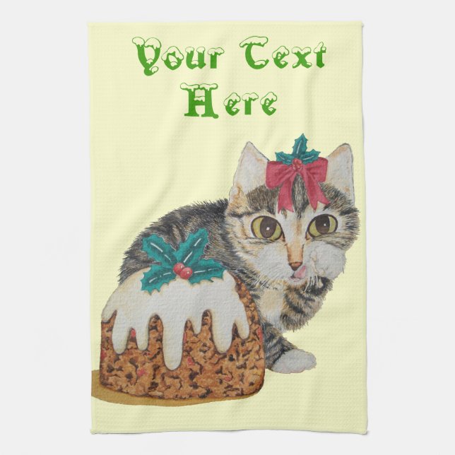 cute kitten grey tabby licking paw christmas tea towel (Vertical)