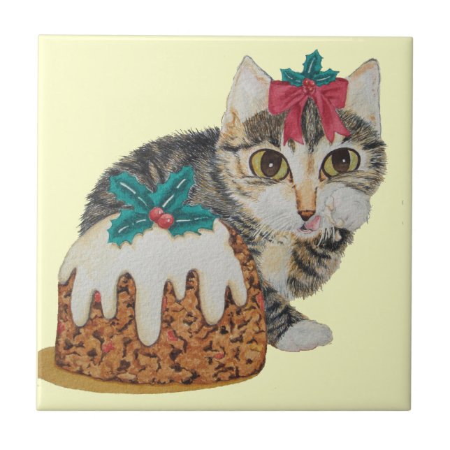 cute kitten grey tabby licking paw christmas tile (Front)