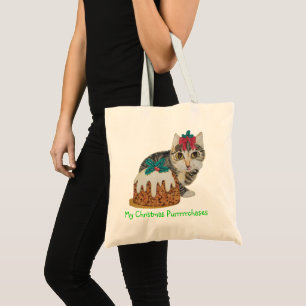 cute kitten grey tabby licking paw christmas tote bag