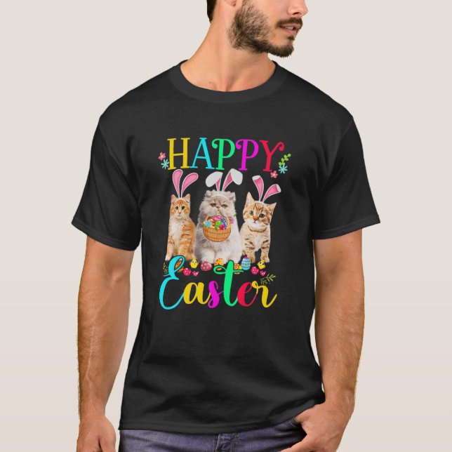 Cute Kitten Happy Easter Three Cat Wearing Bunny E T-Shirt (Front)