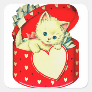 Cute Kitten Heart Vintage Cat Retro Kitty Square Sticker